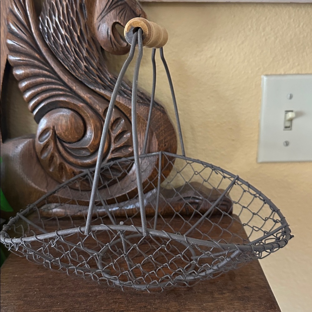 Gray Wire Basket with Wooden Handle
